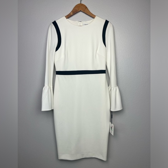 NEW Calvin Klein Cream White Bell Sleeve Sheath Dress with Black Piping - Picture 11 of 11